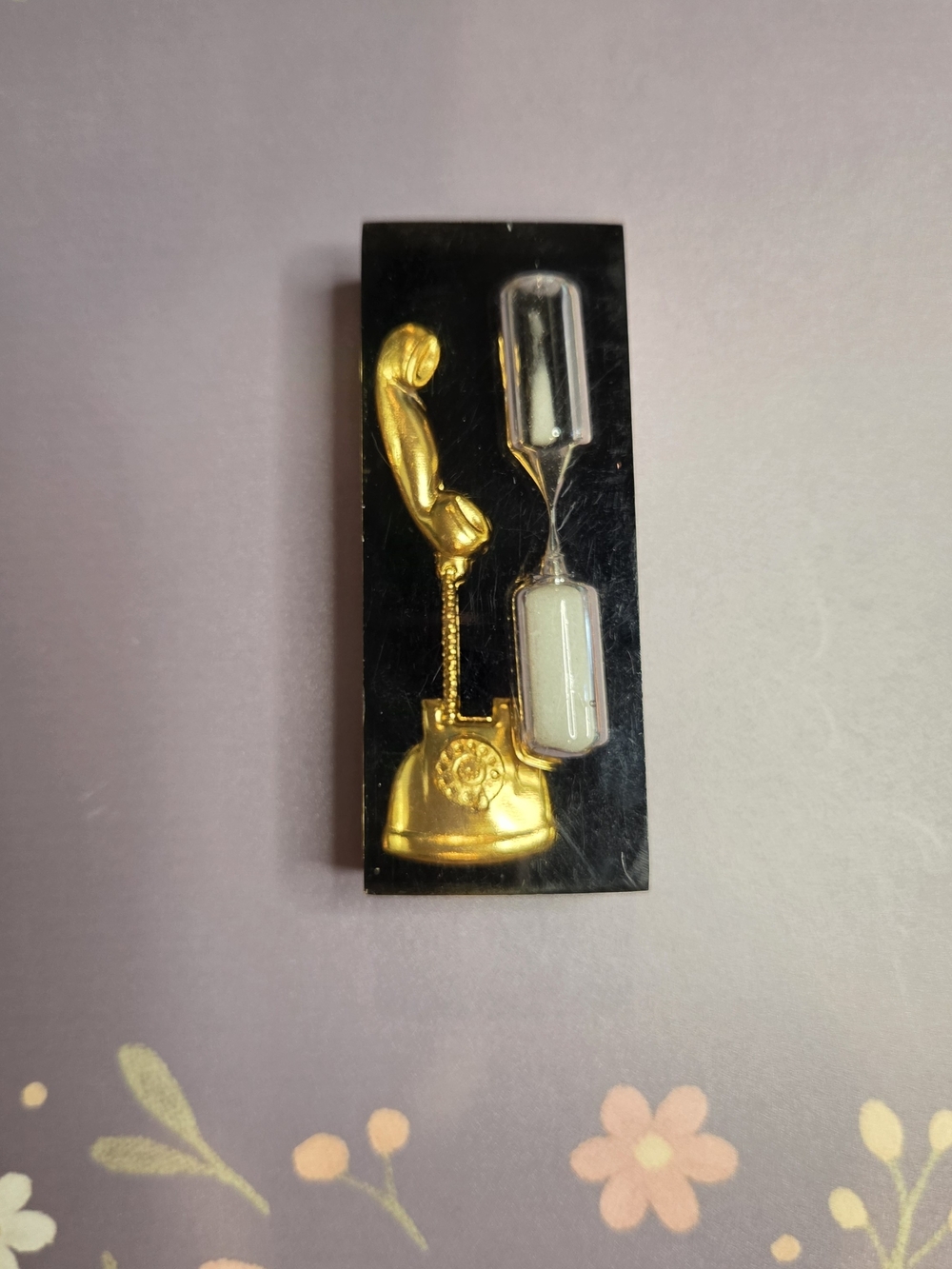 Vintage Gold Telephone & Clear Hourglass Paper Weight.